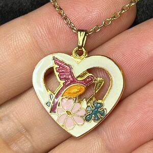 Vintage Gold Heart Pendant with Cloisonné Bird Design